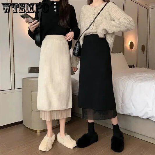 Gauze Pleated Knitted Skirts Women&#39;s Autumn Winter Mid-length A-line Hip Skirts Fashion Casual Black Beige Reversible Skirt