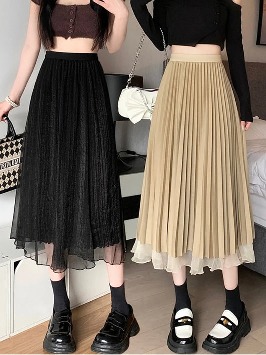 JMPRS Two Sides Wear Pleated Skirt Women 2023 Spring A-line High Waist Gauze Skirts Female Aesthetic Black Faldas Mujer Goth