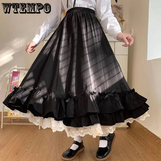 Japanese Solid Color Double Layer Vintage French Ruffled A-line Skirts Hepburn Style Black Lolita Skirt Female Long White Skirt
