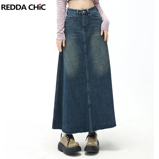 REDDACHiC Casual Plain Denim Skirt Midi Maxi Women Streetwear Blue Vintage Long Jeans Bottom Dress Lady Fairy Grunge Alt Clothes