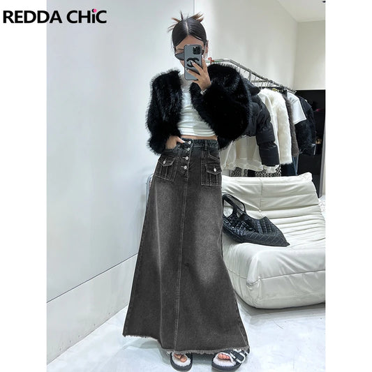 REDDACHiC Retro Gray Maxi Long Women Denim Skirt Tall Girl Friendly Buttoned Bleached Blue Jeans Skirt 90s Vintage Acubi Fashion