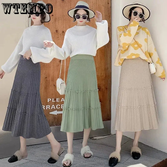 Winter Knitted Skirts Women&#39;s 2023 Autumn Winter New Elastic High Waist Slim Pleated Skirts Casual Black Mid-length A-line Skirt